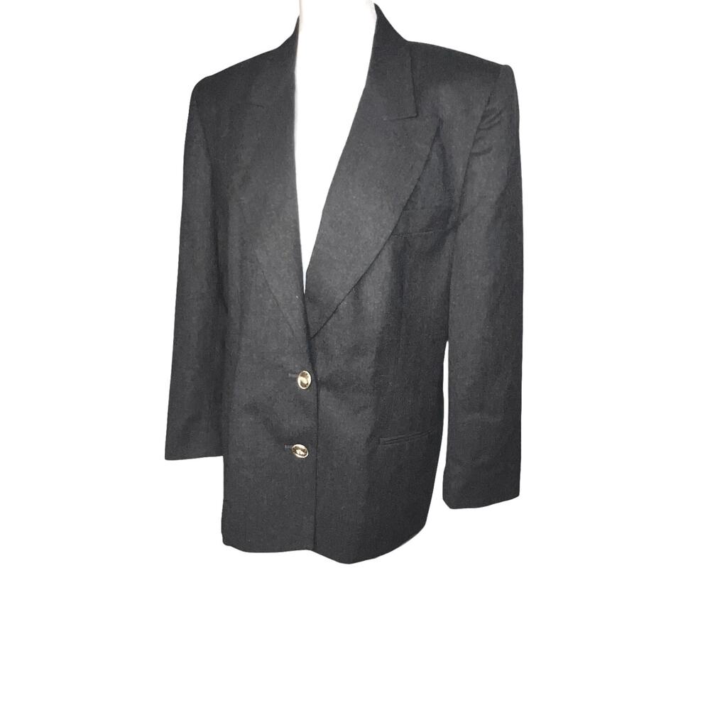 Talbots womens vintage 12P dark gray pure wool crest logo goldtone button blazer